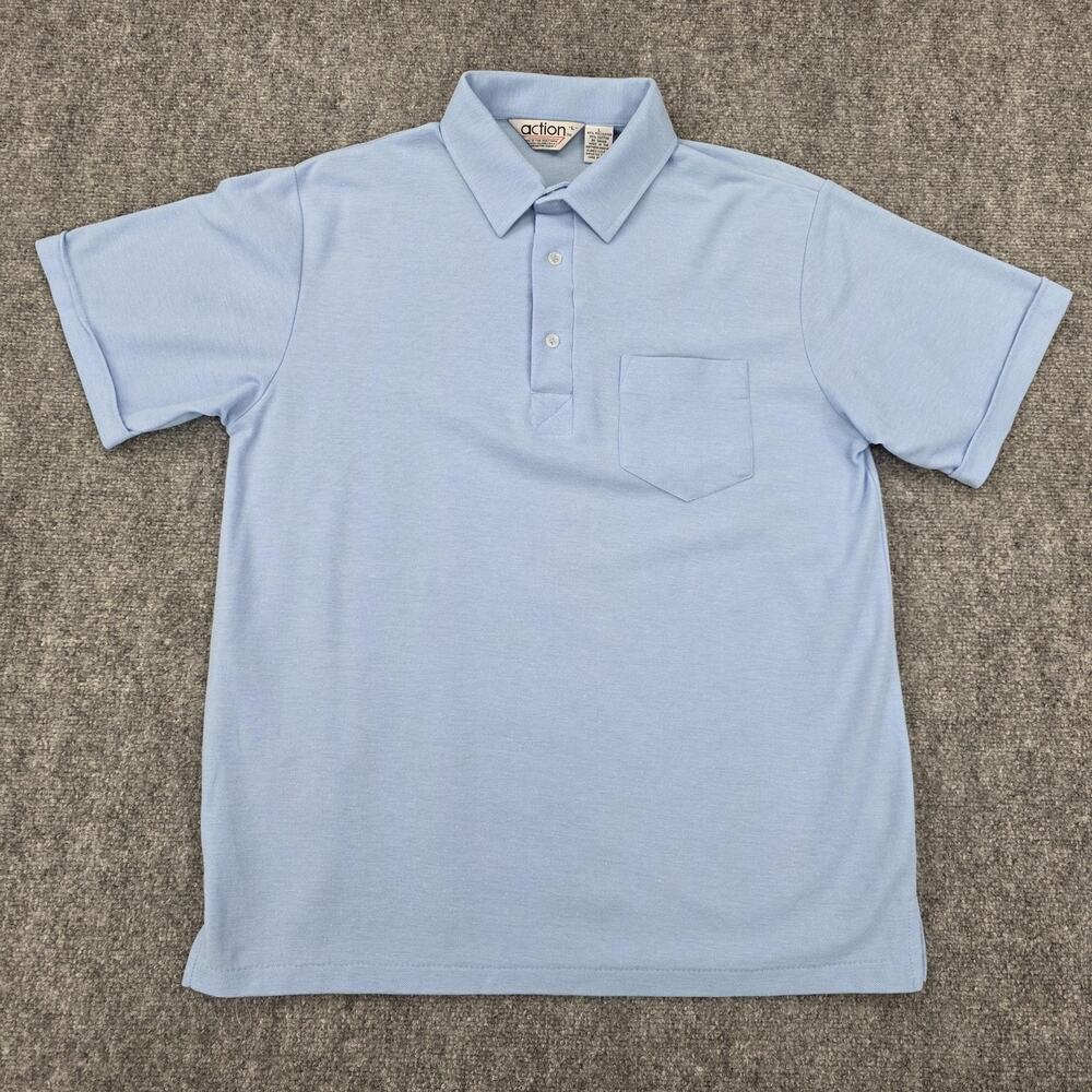 Vintage Action Polo Shirt Mens Large Blue Short Sleeve USA Single Stitch Pocket